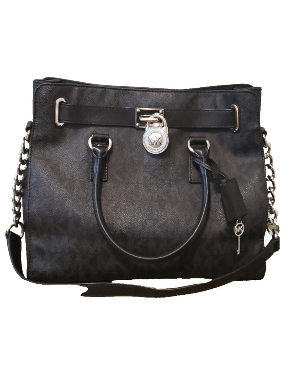 Michael Kors Hamilton Signature Black & Gray Logo Satchel Large Tote Purse EUC